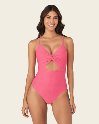 Vestido de baño entero de control suave con detalle de escote cruzado#color_211-salmon