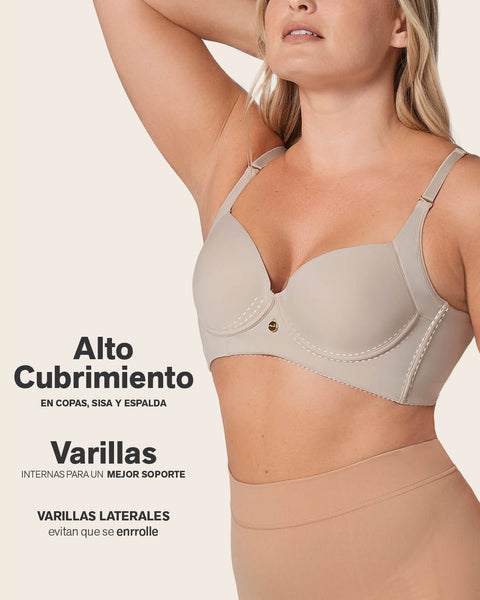 Brasier de realce suave y cubrimiento alto en sisa y espalda - cover bra#color_802-habano