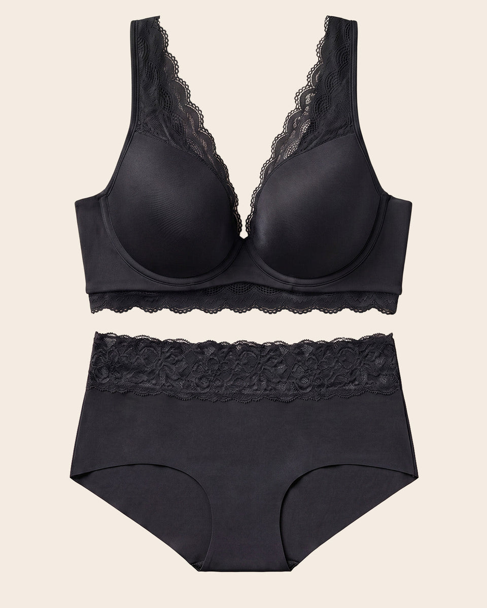 Deep Coverage Bra + Panty hípster en tela ultraliviana en Negro