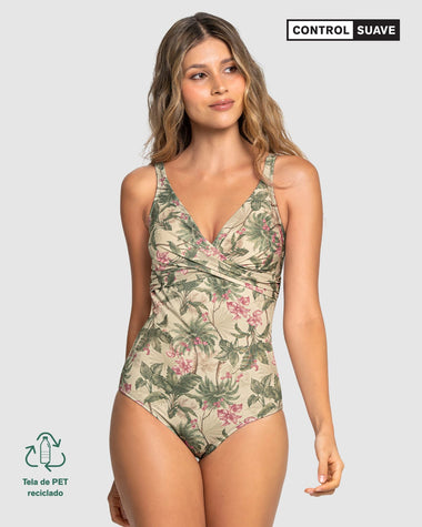 Vestido de baño con drapeado en el escote elaborado con botelllas PET recicladas#color_088-estampado-palmeras