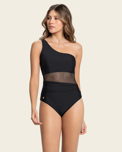 Vestido de baño entero de un solo hombro con control de abdomena#color_700-negro