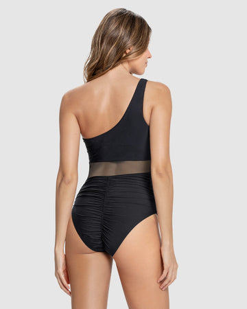 Vestido de baño entero de un solo hombro con control de abdomena#color_700-negro