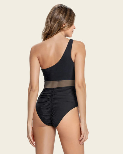 Vestido de baño entero de un solo hombro con control de abdomena#color_700-negro