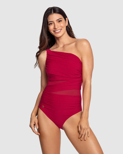 Vestido de baño entero de control de abdomen y hombro asimétrico#color_323-rojo