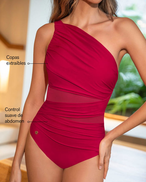 Vestido de baño entero de control de abdomen y hombro asimétrico#color_323-rojo