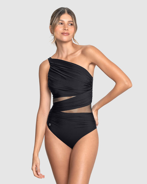 Vestido de baño entero de control de abdomen y hombro asimétrico#color_700-negro