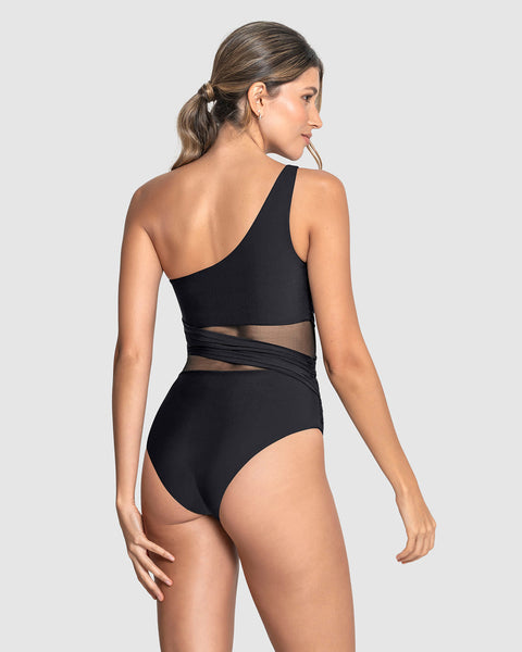 Vestido de baño entero de control de abdomen y hombro asimétrico#color_700-negro