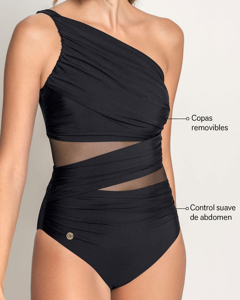 Vestido de baño entero de control de abdomen y hombro asimétrico#color_700-negro