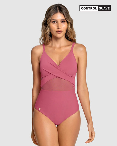 Vestido de baño entero de control suave en abdomen y drapeado en escote#color_222-coral