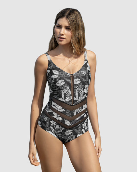 Vestido de baño tecnología BIO-PET control suave de abdomen#color_008-estampado-hojas-negro