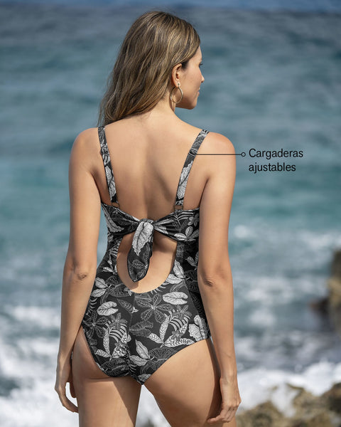 Vestido de baño tecnología BIO-PET control suave de abdomen#color_008-estampado-hojas-negro