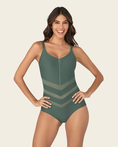 Vestido de baño entero control suave con transparencias en abdomen#color_643-verde-medio