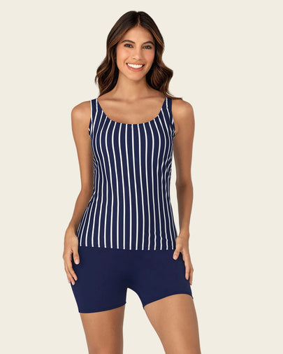 Vestido de baño tankini con blusa y short#color_065-estampado-rayas-azul