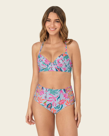 Bikini con panty tiro alto y top anudable en espalda#color_485-estampado-flores