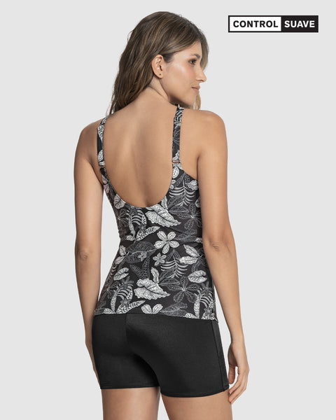 Vestido de baño blusa drapeada + short#color_008-estampado-hojas-negro