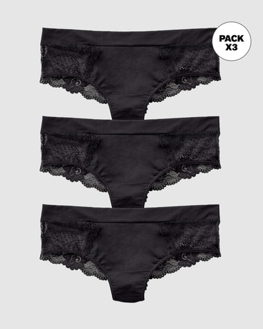 Paquete x 3 panties cacheteros en microfibra con detalles en encaje#color_700-negro